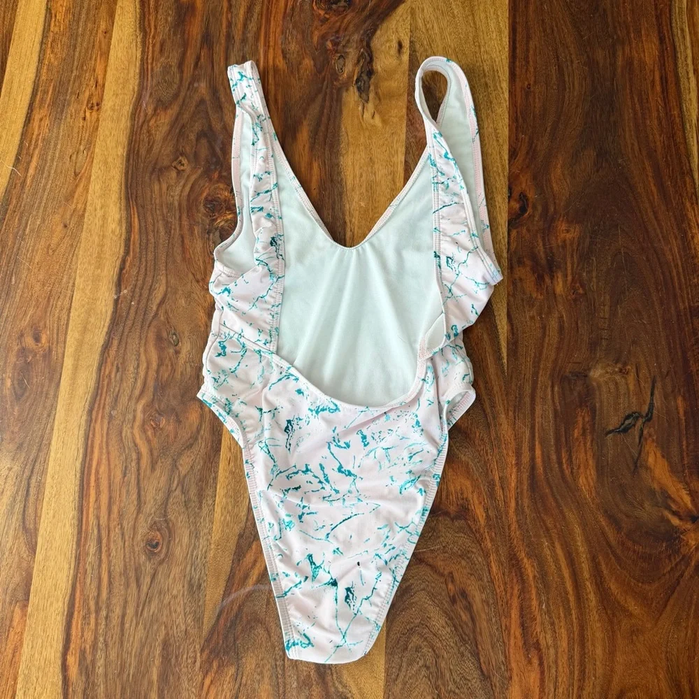 Basta Womens Pink Teal Marble Print One Piece Swimsuit Medium Baywatch Beach